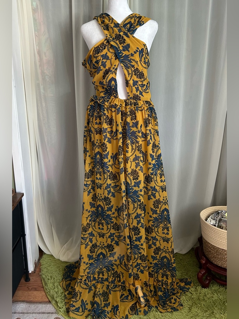 Mustard Yellow Floral Maxi Dress with Cross-Front Detail - Picture 1 of 11